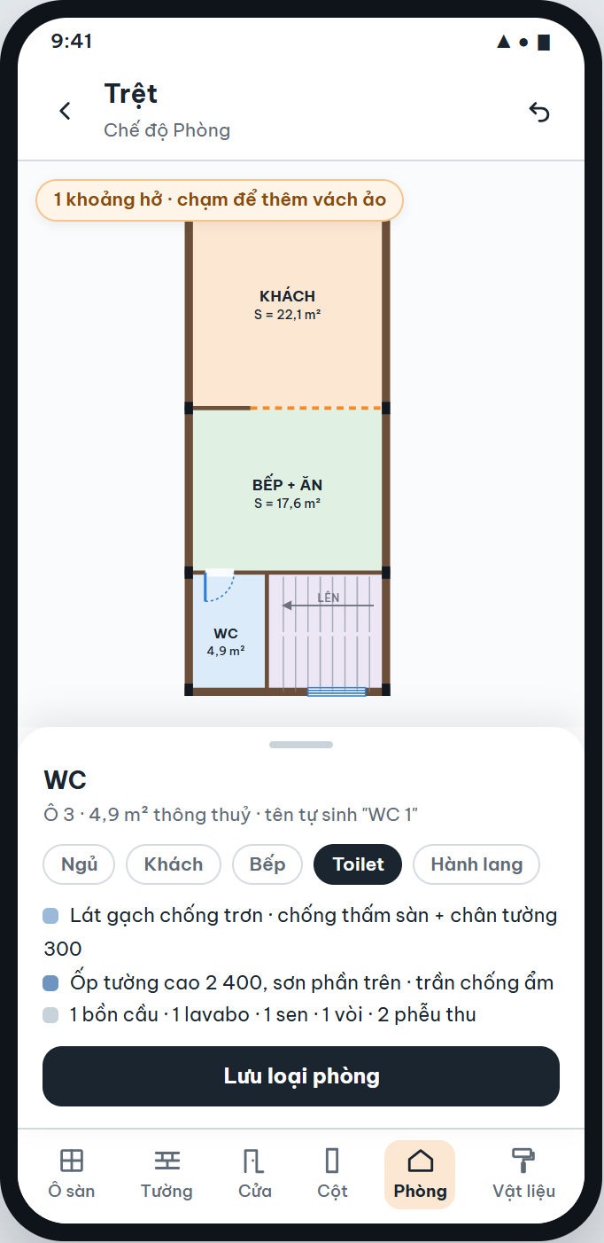 Ground floor in room mode: living room 22.1 m², kitchen and dining 17.6 m², WC 4.9 m², with a dashed hint where a virtual partition can close a gap.